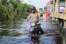 Kapolres Pelalawan AKBP Kaswandi Irwan menerobos banjir saat meninjau banjir di Jalan Lintas Timur/ardi