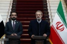 Ketua Parlemen Irak Mohamed al-Halbousi bersama Ali Larijani di Teheran, Rabu 6 Maret 2018. (Foto: ANA/Tehran Time)