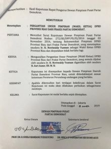 Foto SK Pergantian Noviwaldy Jusman menjadi wakil ketua DPRD Riau