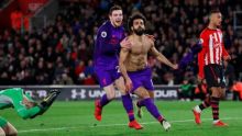 Luapan kegembiraan Mohammed Salah setelah berhasil mencetak gol ke gawang Southampton.
