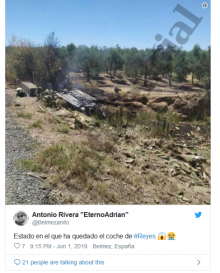 Penampakan mobil Antonio Reyes setelah kecelakaan. Saat ini foto tersebut sudah viral di media sosial. Foto: int 