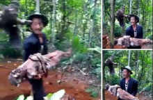 Aksi Wiharna yang membuat geger karena membongkar kuburan dan membopong jasad ayahnya. Foto: int 