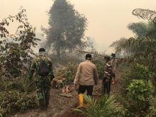 Petugas gabungan berjibaku memadamkan lahan yang terbakar di Bathin Solapan, Bengkalis. Foto: hari 
