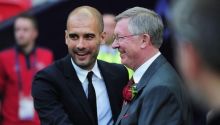 Pelatih Manchester City Pep Guardiola ketika berjumpa mantan pelatih Manchester United Sir Alex Ferguson (foto/int)