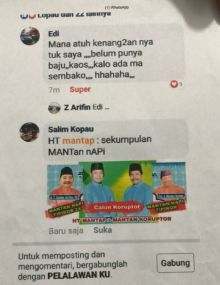 Postingan pemilik akun FB Salim Kopau yang diduga melakukan ujaran kebencian terhadap Husni Tamrin dan Tengku Edy Sabli