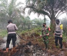 Kapolsek Teluk Meranti Ipda Dymas Bagus Bimantara dan TNI saat memadamkan api di lokasi karhutla, beberapa waktu lalu. Foto: Istimewa.