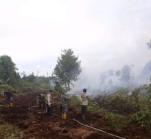 Tim gabungan yang terdiri atas Pemerintah Kecamatan Tasik Putri Puyu, Personil Polsek Merbau, TNI, masyarakat setempat, Tim Fire Fighter PT RAPP dan PT GCN masih terus berjibaku memadamkan api (foto/ist) 