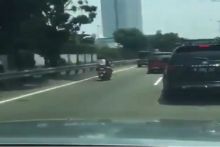 Sepeda motor yang dikemudikan ibu-ibu itu tampak santai melaju di sisi kiri jalan tol antara ribuan mobil yang melintas. Foto: Instagram infojkt24