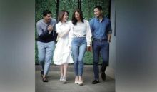 Foto yang diunggah Amanda Manoppo bersama tiga pemeran utama sinetron Ikatan Cinta, yakni Arya Saloka, Glenca Chysara dan Evan Sanders. Foto: int 