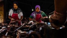 Ibu-ibu sedang membuat salai patin di Kampung patin kampar/Tempo