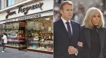 Sebuah gambar memperlihatkan toko cokelat milik cucu keponakan Ibu Negara Prancis Brigitte Macron, Jean-Baptiste Trogneux (kiri), Emmanuel Macron dan Brigitte Macron (kanan) /AFP