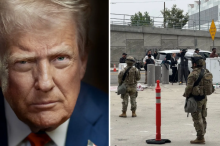 Foto gabungan Donald Trump dan pasukan AS di lokasi protes imigrasi di Los Angeles /net