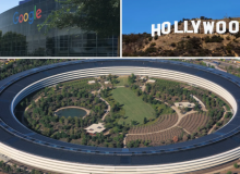 Gambar kombo yang menunjukkan kantor Google, tanda Hollywood, dan kantor pusat Apple di California /net