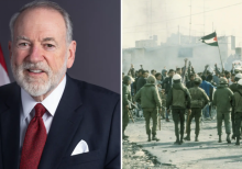 Mike Huckabee, utusan AS untuk Israel, dan foto arsip protes Palestina dari Tepi Barat ditampilkan dalam kombinasi ini /net