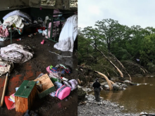 Pemandangan di dalam kabin di Camp Mystic, lokasi di mana sedikitnya 20 gadis hilang setelah banjir bandang di Hunt, Texas, pada 5 Juli 2025 (kiri). Petugas polisi mencari orang hilang di dekat Camp Mystic (kanan) /net