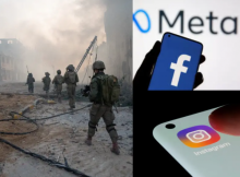 Tentara Israel di Gaza (kiri) Logo Meta, Facebook, Instagram (kanan) /Reuters
