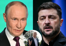 Presiden Rusia Vladimir Putin, Presiden Ukraina Volodymyr Zelensky, Sisipan: Donald Trump/ AFP