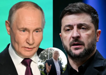 Presiden Rusia Vladimir Putin, Presiden Ukraina Volodymyr Zelensky, Sisipan: Donald Trump/ AFP